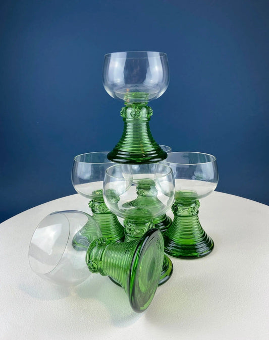 Hand Blown Wine, Water or Margarita Goblets | 6 Clear Bowls with Green Ribbed Stems | Roemer Green by CRISTAL D'ARQUES-DURAND | Collectors & Hosts