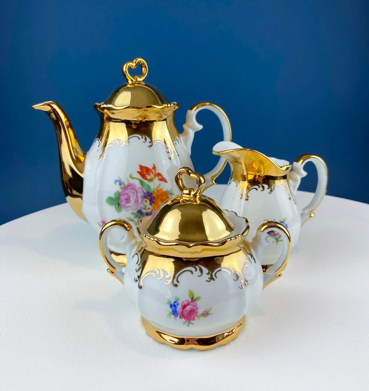 Gold Demitasse Tea Set: Prussian Hand-Painted Coffee/Tea Service for Two | Collectible Vintage | Pre-Owned Piece | Collectors & Hosts