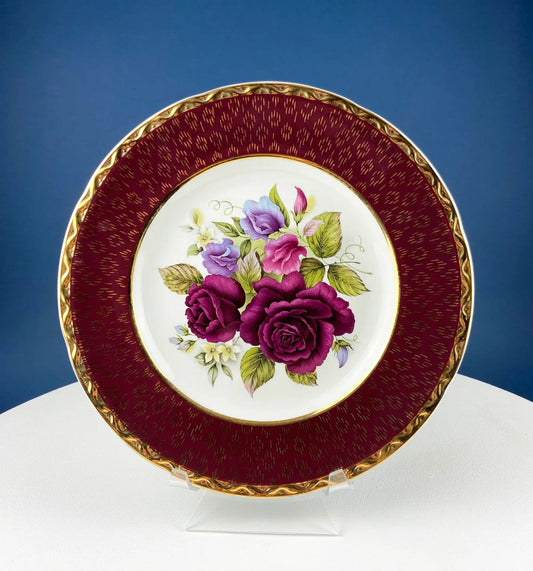 Rich Gold and Burgundy Serving Plate | Antique 11" OMCO Chekoslovakia Porcelain Plate | Spun Gold Brim and Floral Motif | Collectors & Hosts