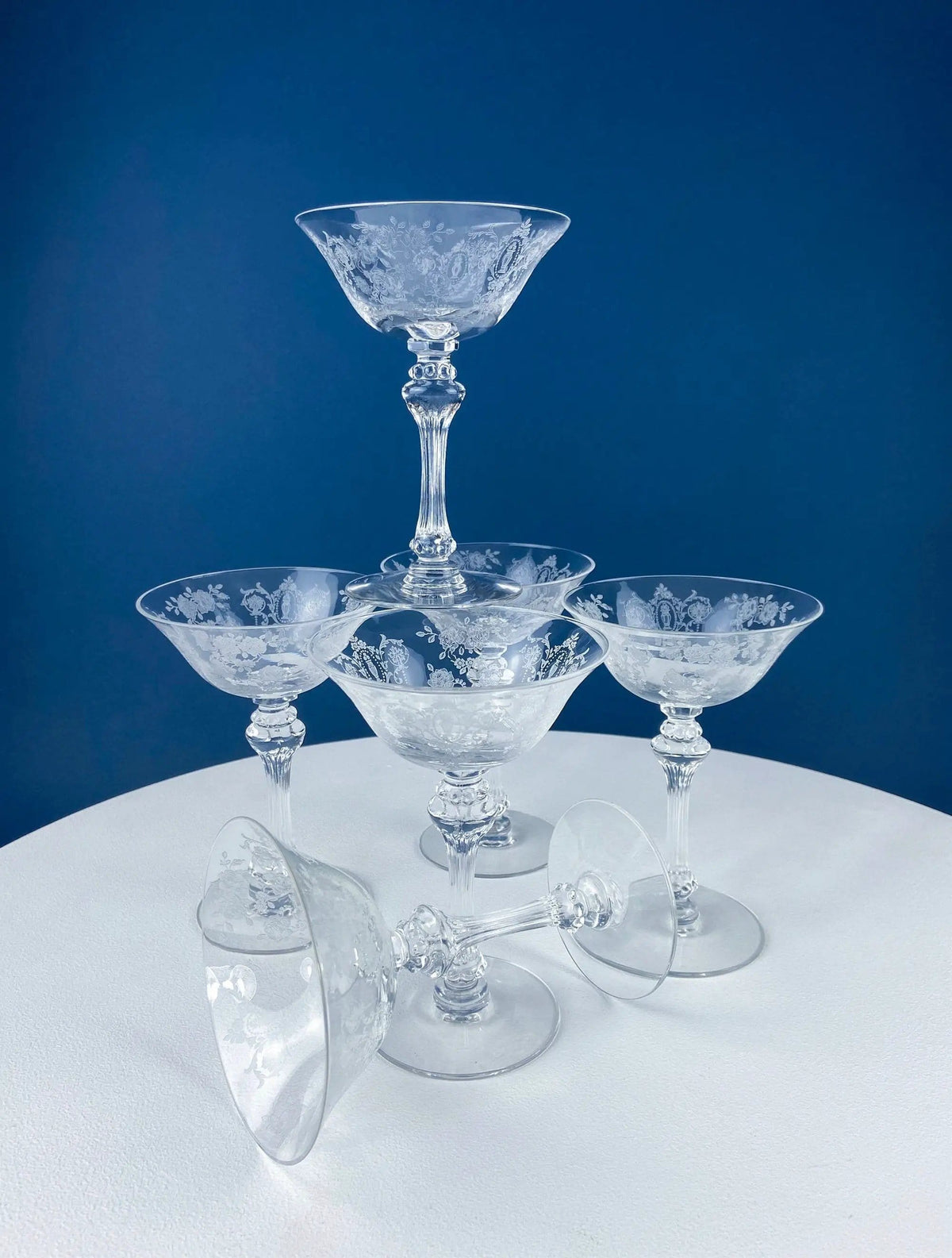 Vintage Tiffin Franciscan Champagne Stemware | Cherokee Rose Motif | Set of 8 Stunning Etched Champagne Glasses | Collectors & Hosts