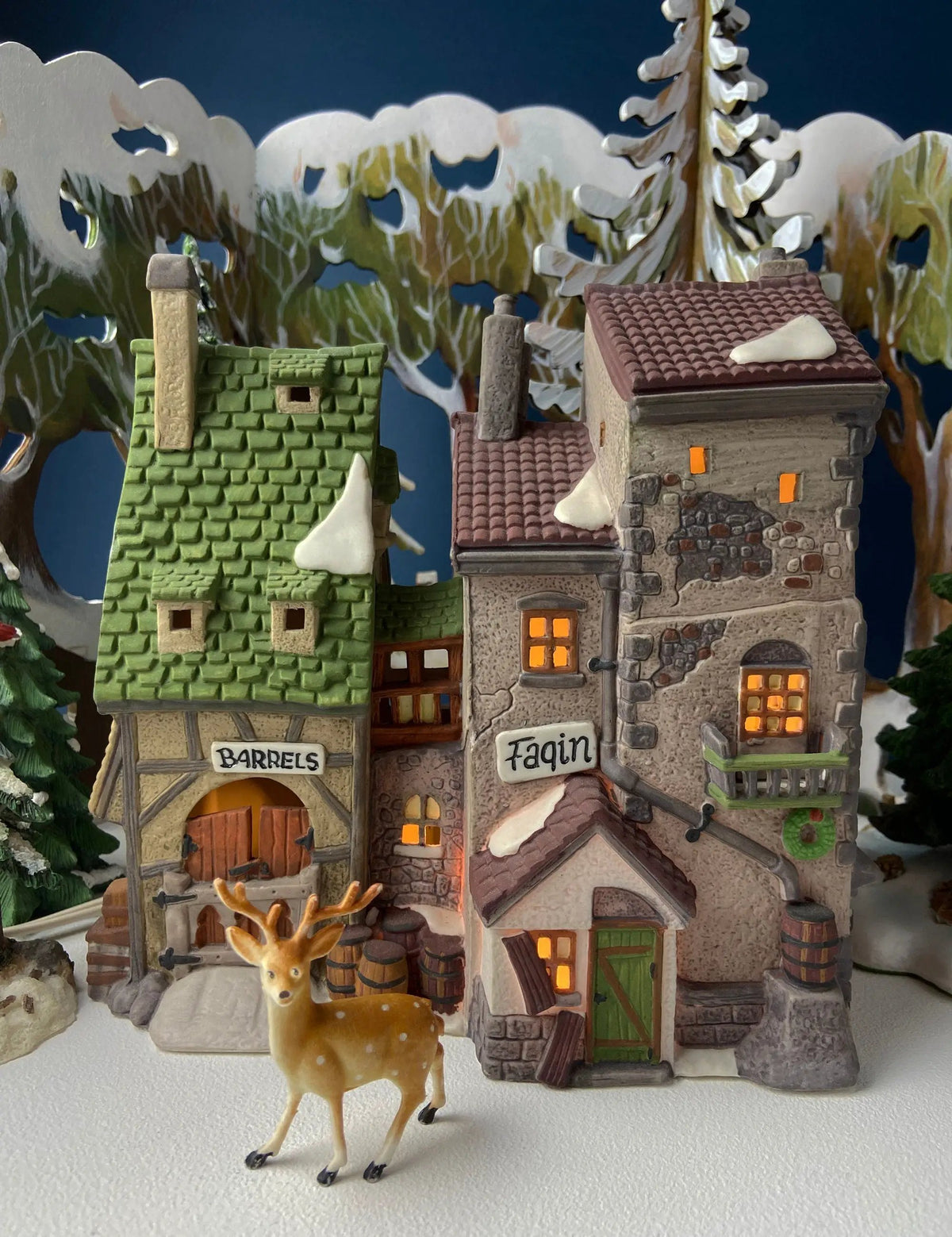 Christmas Porcelain Building | Red Victorian | Green Roof | Illuminated