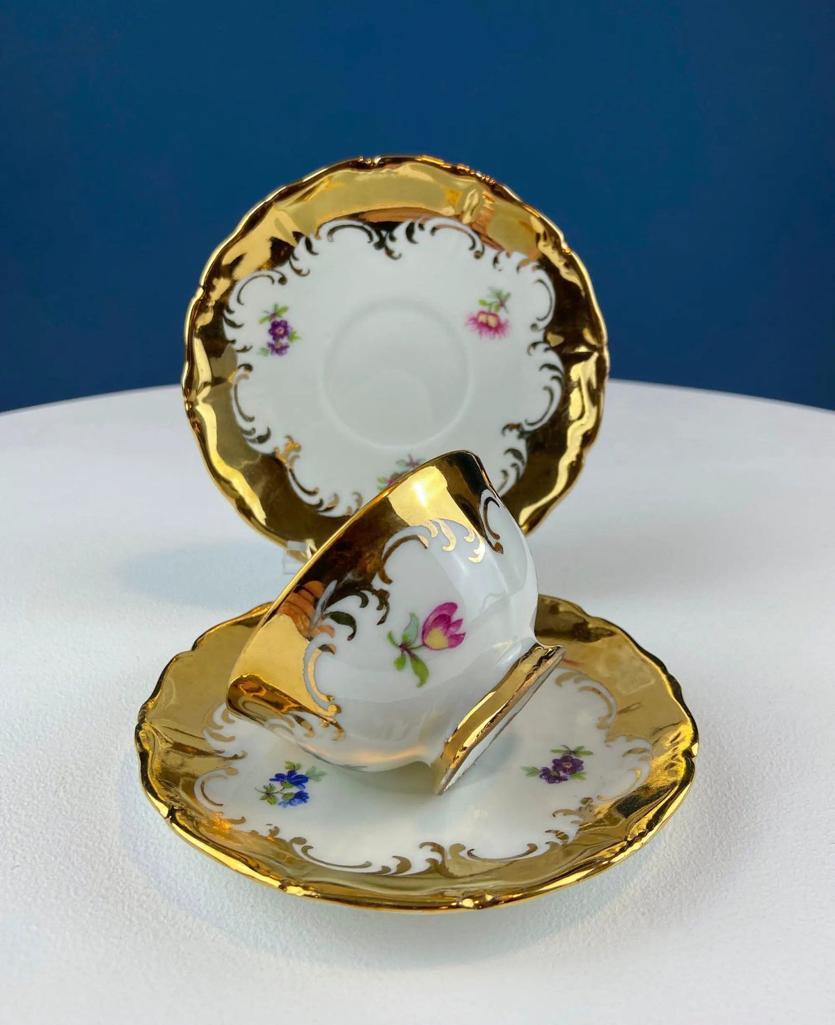 Gold Demitasse Tea Set: Prussian Hand-Painted Coffee/Tea Service for Two | Collectible Vintage | Pre-Owned Piece | Collectors & Hosts