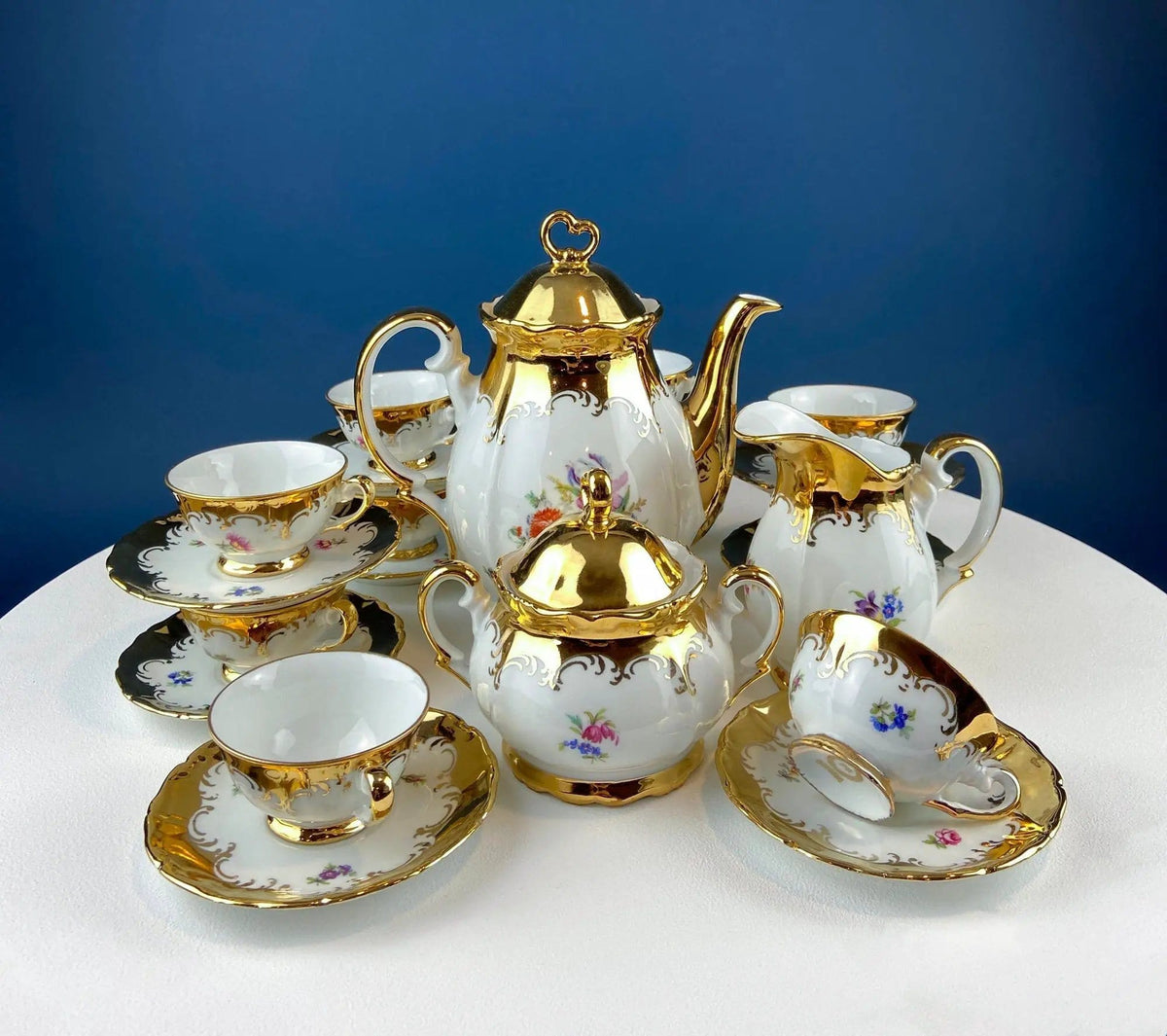 Gold Demitasse Tea Set: Prussian Hand-Painted Coffee/Tea Service for Two | Collectible Vintage | Pre-Owned Piece | Collectors & Hosts