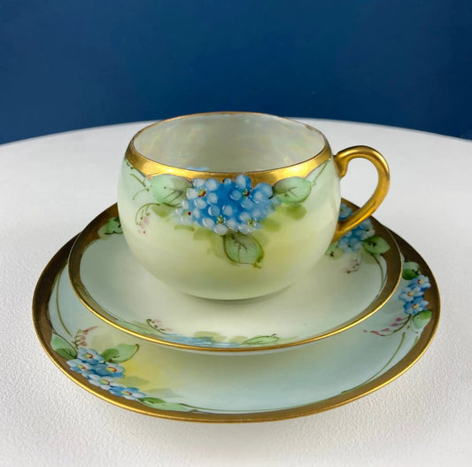 Antique Nippon Cup & Saucer Trio with Forget-Me-Not Motif | Hand Painted Porcelain | Collectible Porcelain | Collectors & Hosts