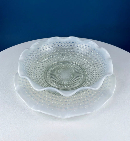Vintage Moonstone Serving Set | Hobnail Large Bowl and Matching Plate | Salad or Fruit Bowl | Collectors & Hosts