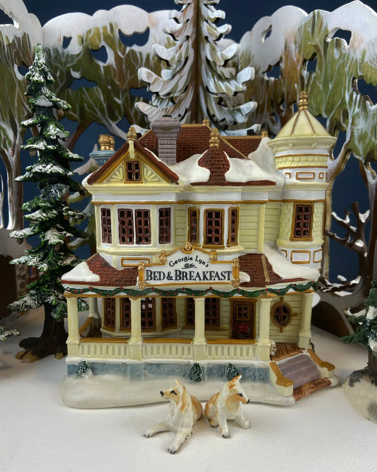 Christmas Porcelain Building | Red Victorian | Green Roof | Illuminated