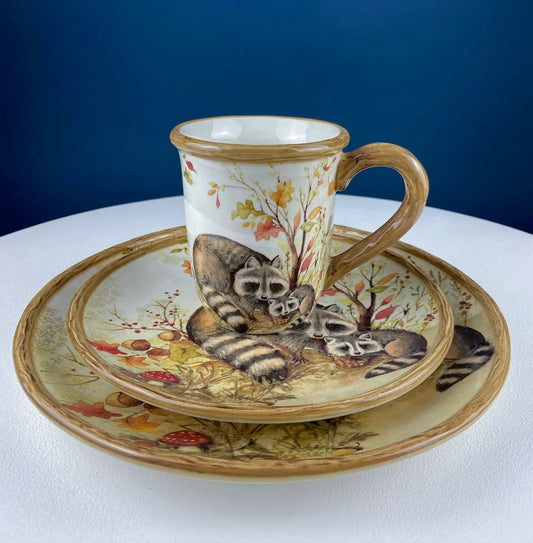 Cute Raccoon Dinner Set for One | Whimsical Plates and Mug | Kid at Heart or Grandparents' Gift for Grandkids | Collectors & Hosts