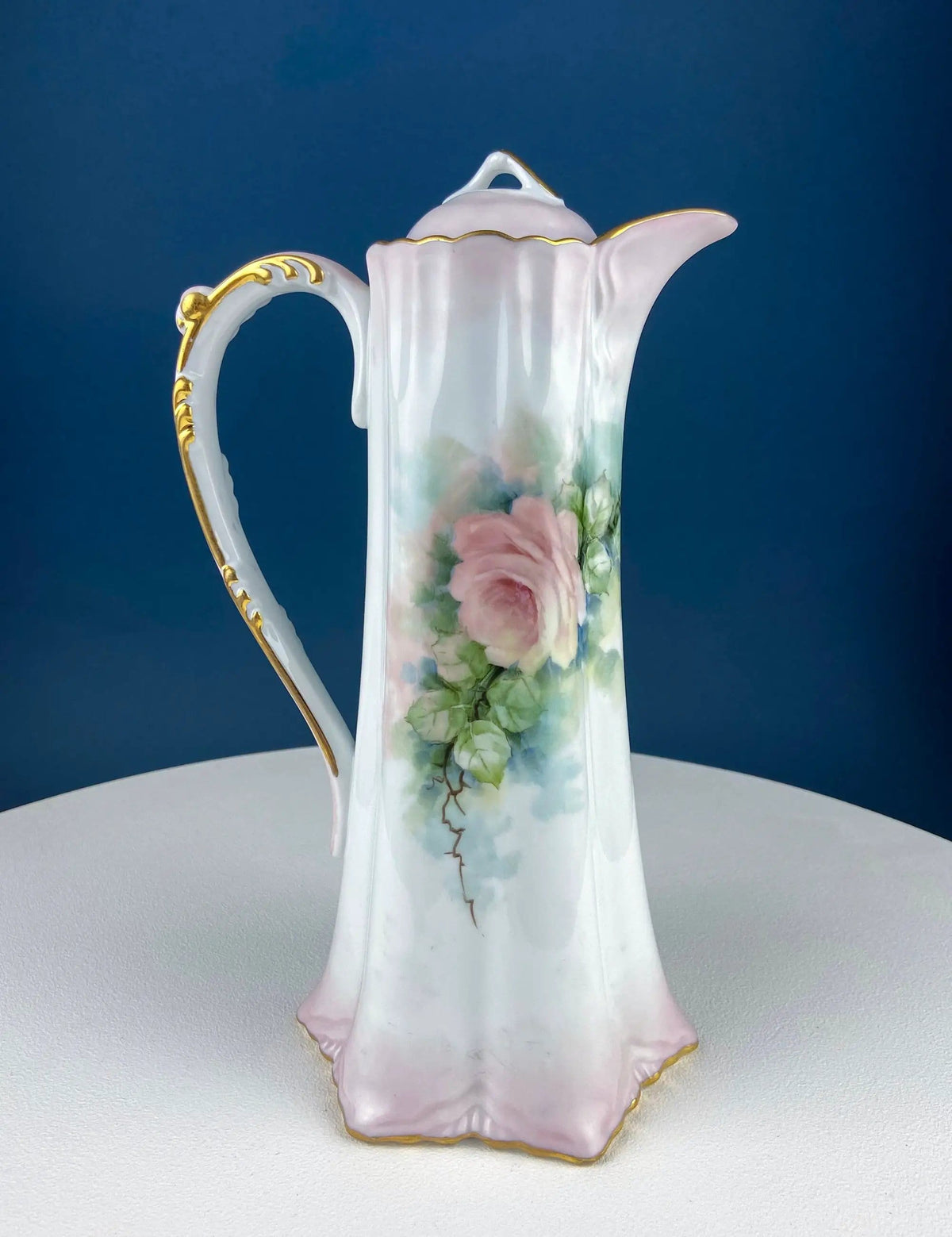 Tall, 11-Inch Antique Hand Painted Hot Chocolate Pot | Stunning Peach Color Roses | Collectible Fine Bone China | Collectors & Hosts