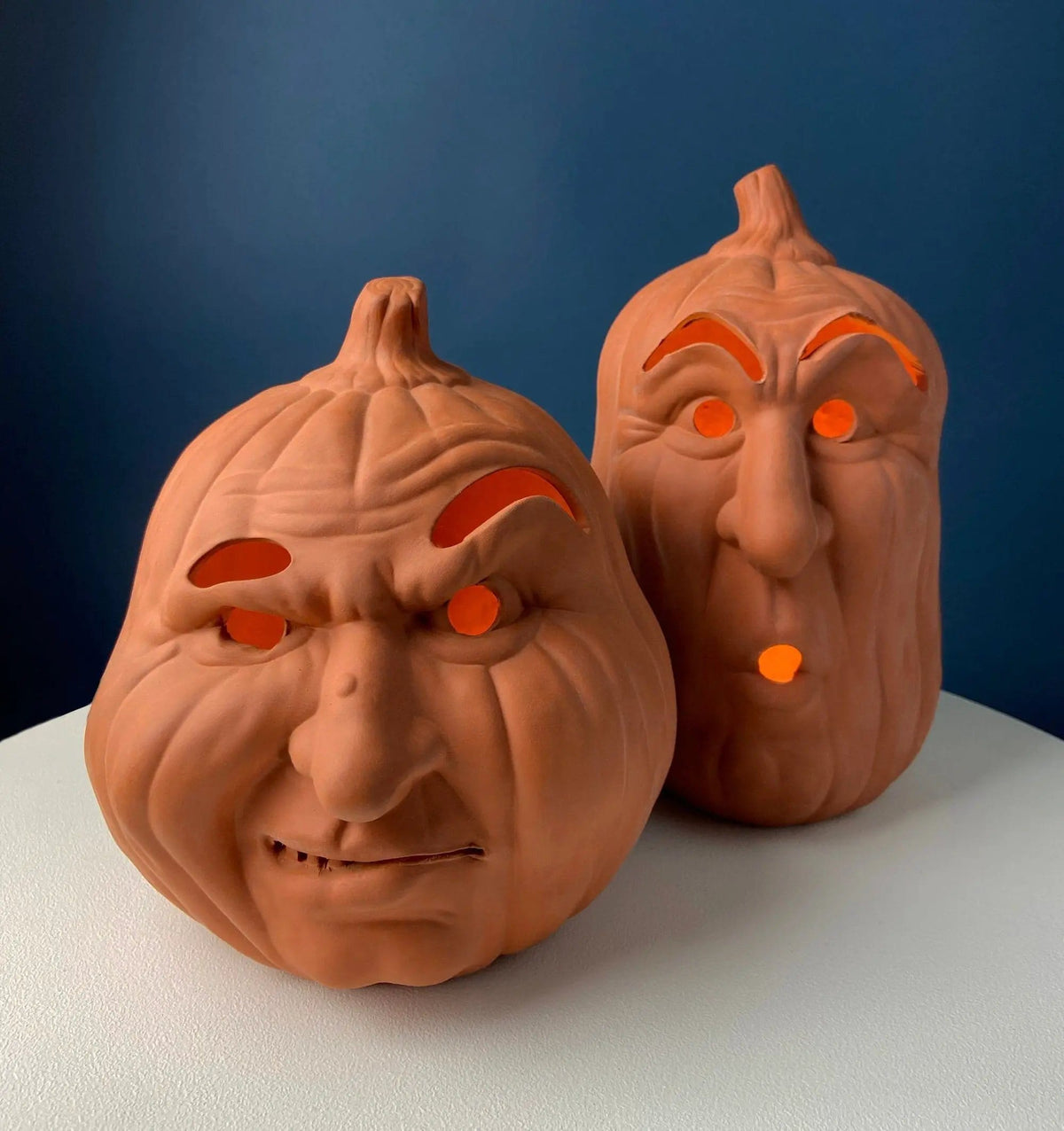 Set of Two Large Clay Pumpkins Making Scary Funny Faces | Candle or Light Kit | Halloween Thanksgiving Fall Decor | Collectors & Hosts