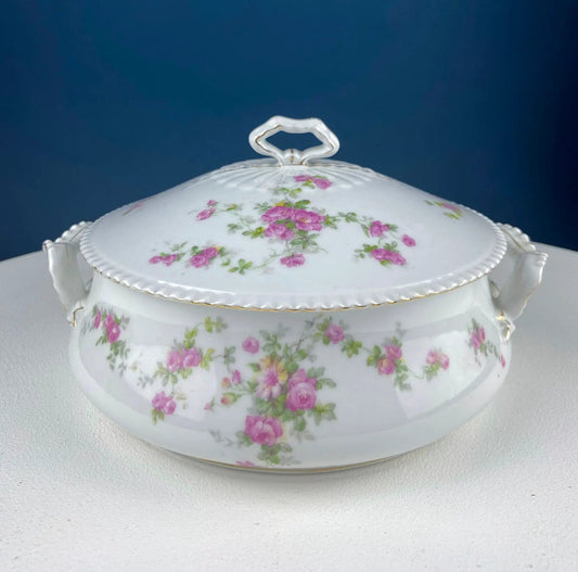 Antique Porcelain Tureen with Delicate Pink Roses | Bow Like Handles | Soup Serving Dish | Collectors & Hosts