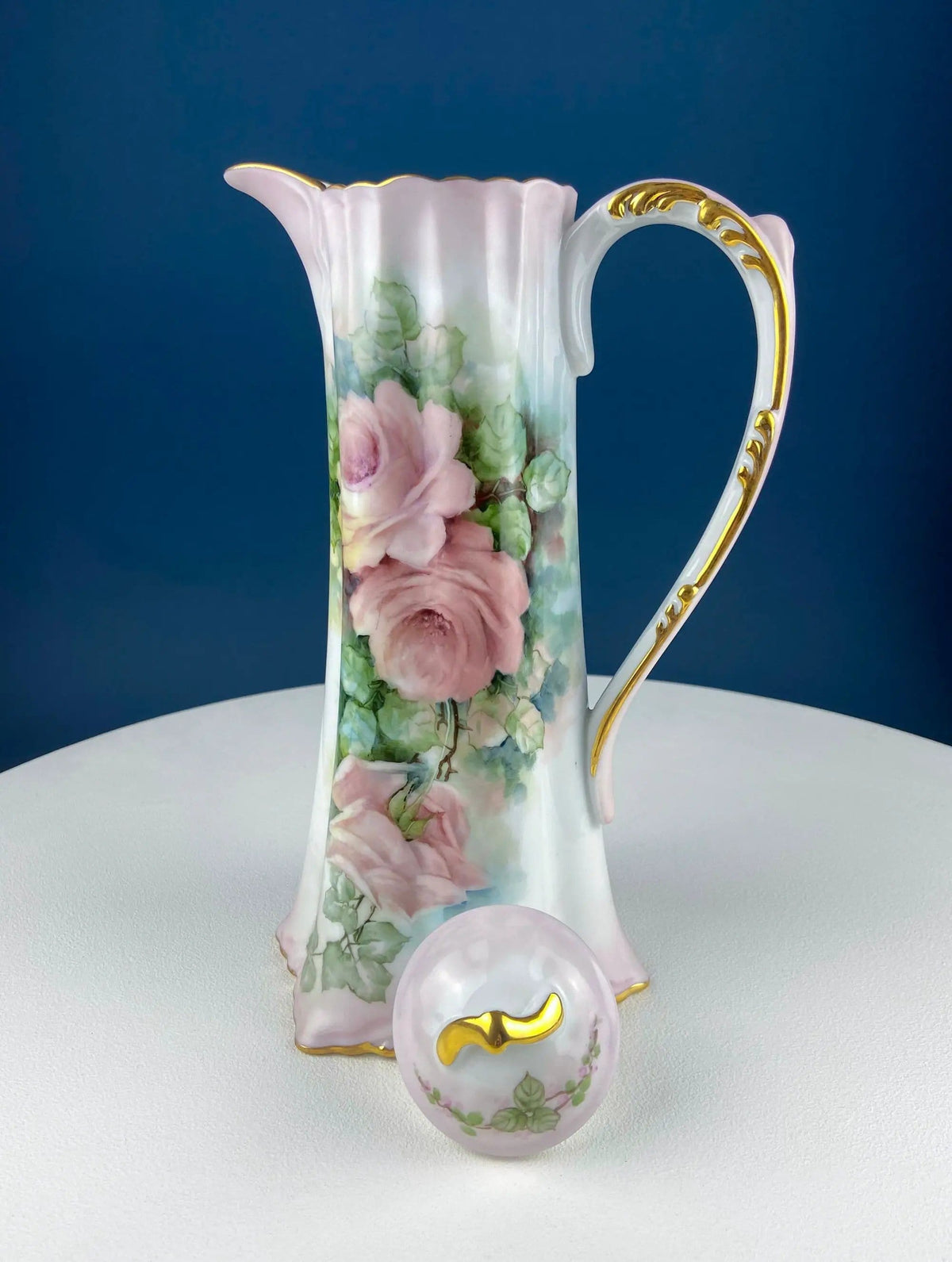 Tall, 11-Inch Antique Hand Painted Hot Chocolate Pot | Stunning Peach Color Roses | Collectible Fine Bone China | Collectors & Hosts