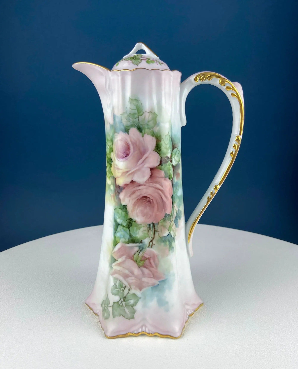 Tall, 11-Inch Antique Hand Painted Hot Chocolate Pot | Stunning Peach Color Roses | Collectible Fine Bone China | Collectors & Hosts