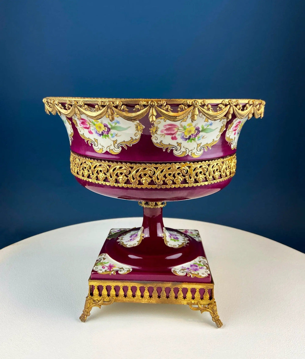 Antique Porcelain Burgundy & Gold Footed Bowl with Marble Base | Hand Painted Roses Storage Dish with Dolphin Feet | Ornate Marble Base | Collectors & Hosts