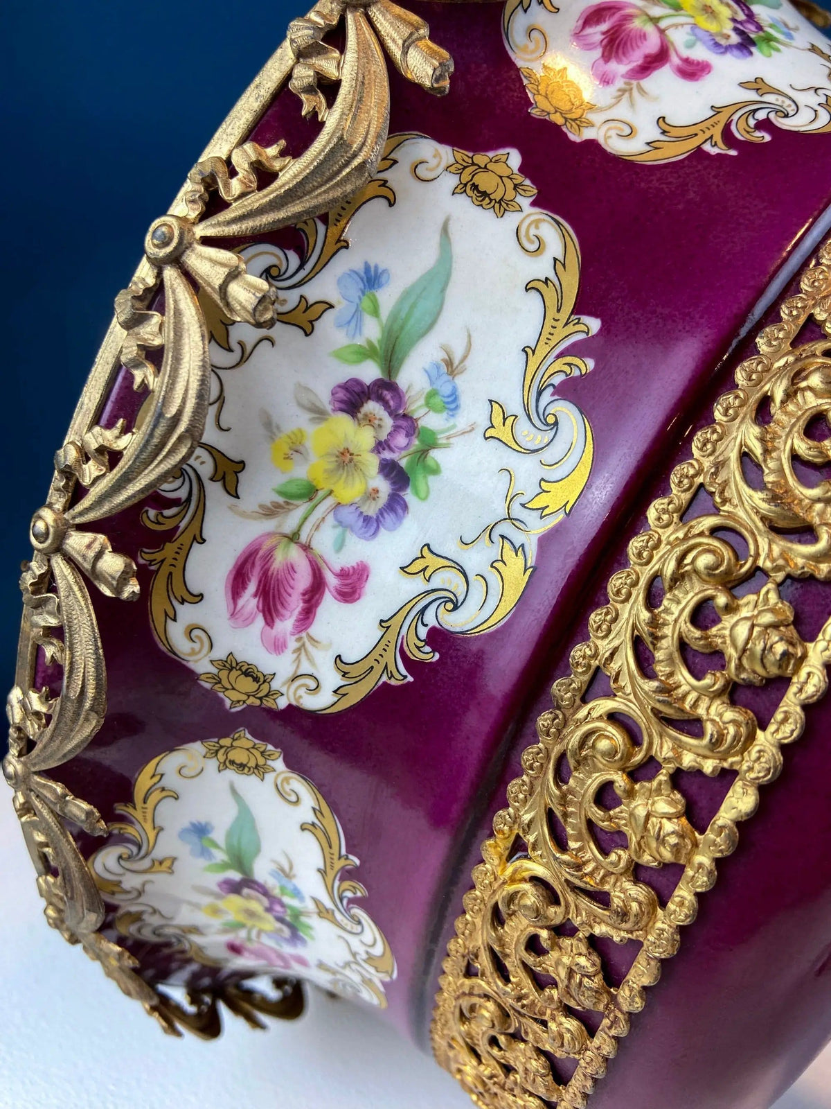 Antique Porcelain Burgundy & Gold Footed Bowl with Marble Base | Hand Painted Roses Storage Dish with Dolphin Feet | Ornate Marble Base | Collectors & Hosts