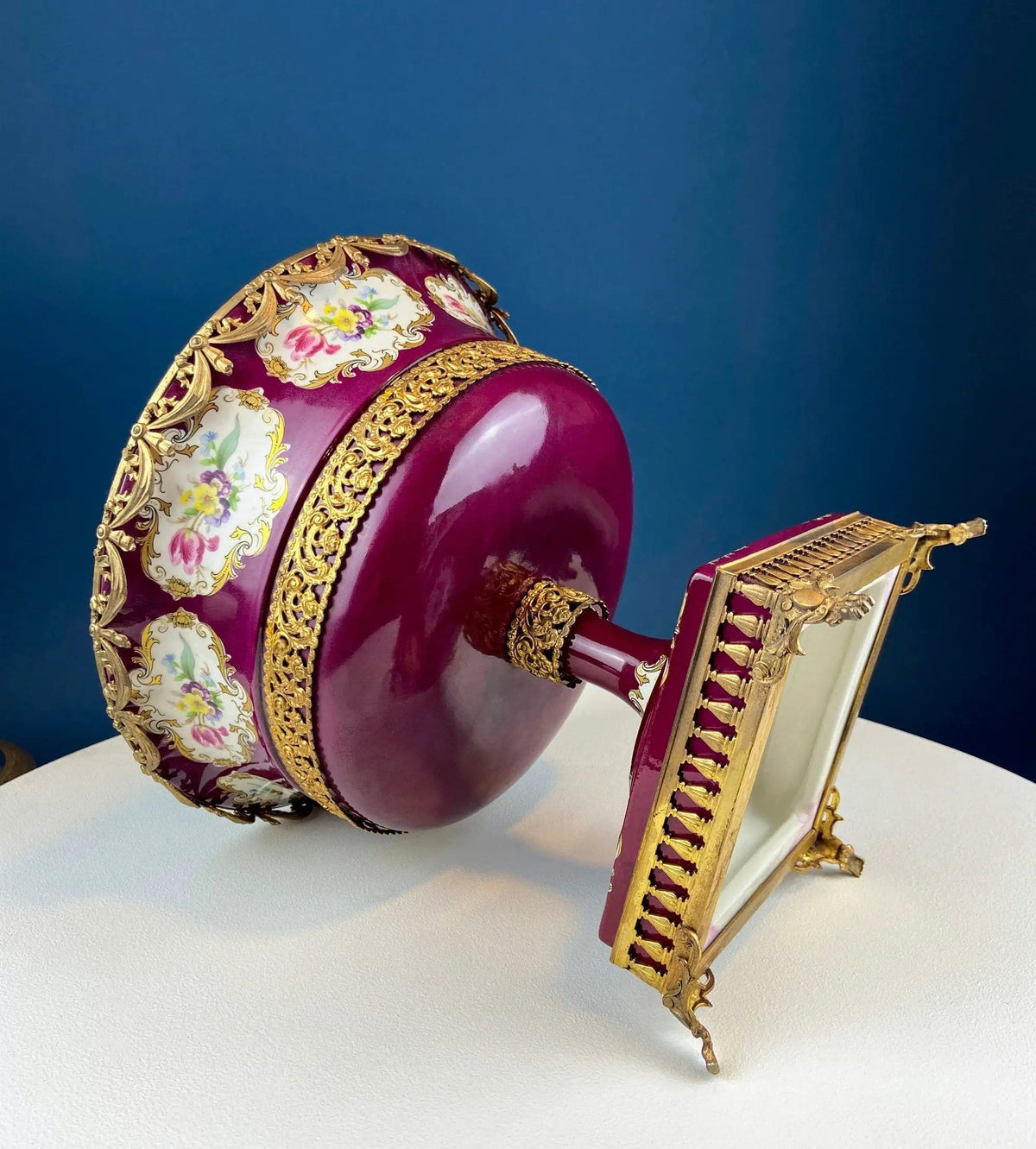 Antique Porcelain Burgundy & Gold Footed Bowl with Marble Base | Hand Painted Roses Storage Dish with Dolphin Feet | Ornate Marble Base | Collectors & Hosts