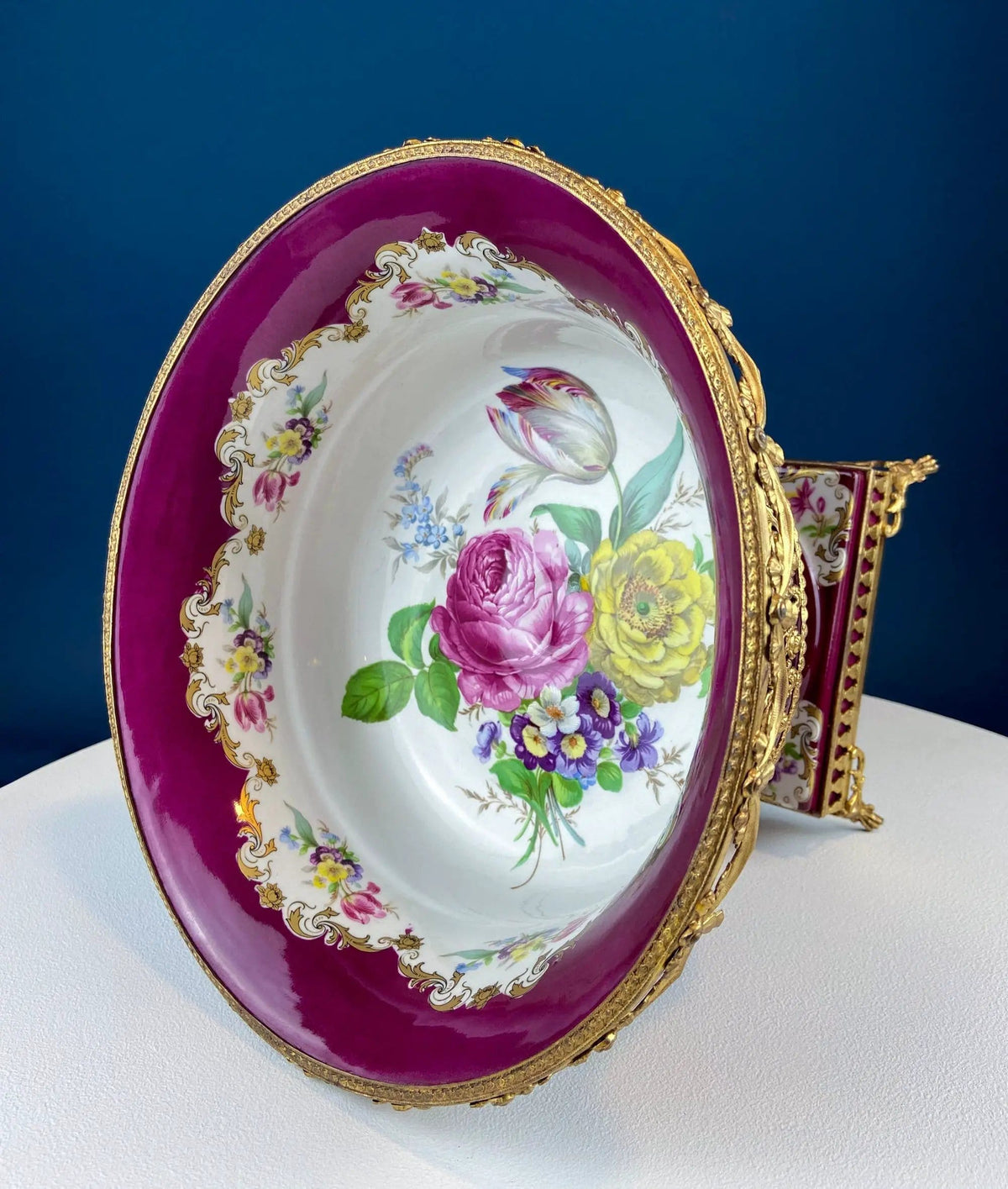 Antique Porcelain Burgundy & Gold Footed Bowl with Marble Base | Hand Painted Roses Storage Dish with Dolphin Feet | Ornate Marble Base | Collectors & Hosts