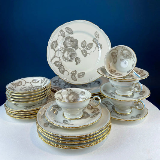 24 Piece Porcelain Dinner Set | Castleton Gloria | Beautiful Neutral Hand Painted Roses | Collectors & Hosts