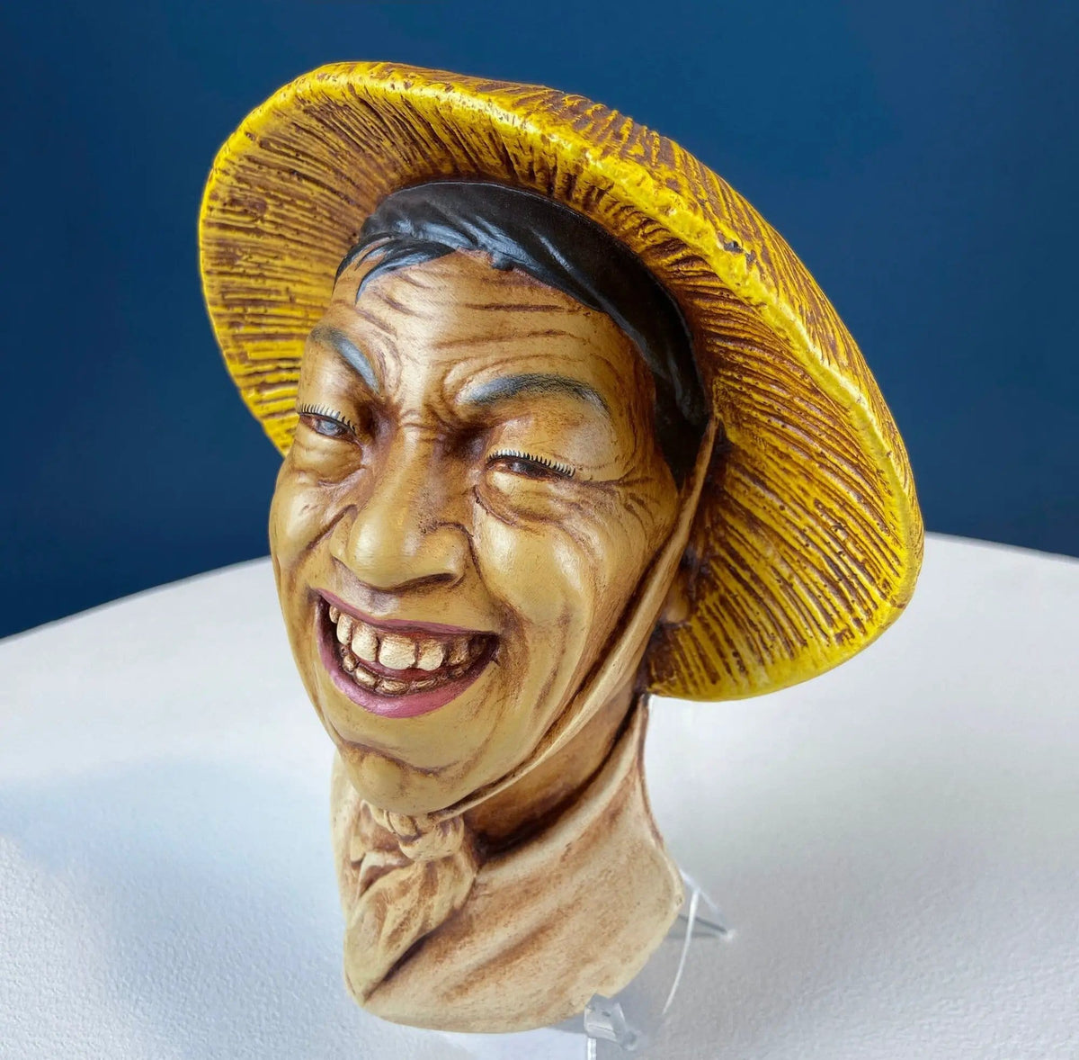Vintage Chalkware Head of Smilling Asian Man in Red Hat | Life Like Caricature of Coolio | Ethnic Wall Hanging/Wall Art | Collectors & Hosts
