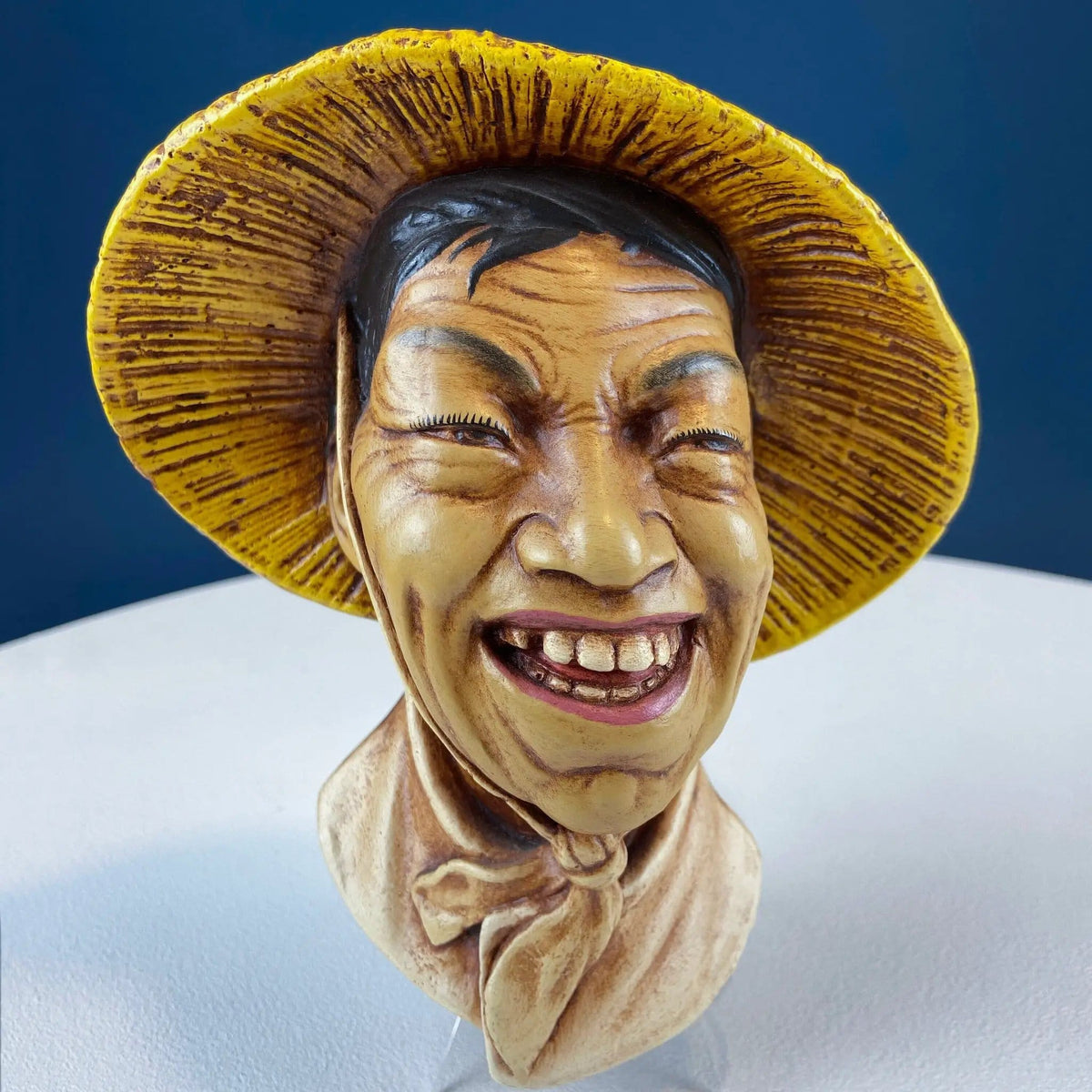 Vintage Chalkware Head of Smilling Asian Man in Red Hat | Life Like Caricature of Coolio | Ethnic Wall Hanging/Wall Art | Collectors & Hosts