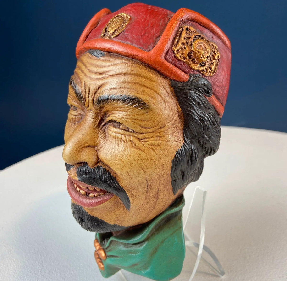 Vintage Chalkware Head of Smilling Asian Man in Red Hat | Life Like Caricature of Coolio | Ethnic Wall Hanging/Wall Art | Collectors & Hosts