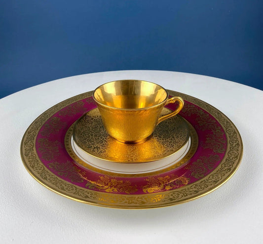 Gold Cup and Saucer with Red Plate: Wheeling Germany | Omeco Czechoslovakia Tea Set | Collectible Vintage | Collectors & Hosts