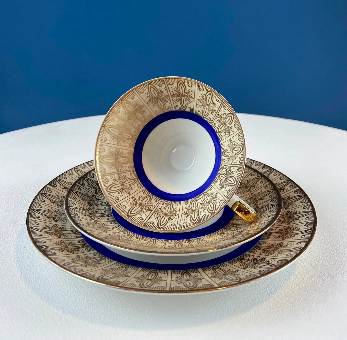 Vintage Paragon Cup and Saucer | Porcelain Tea Set | Lt Yellow with Dark Blue and Gold Bend | Collectors & Hosts