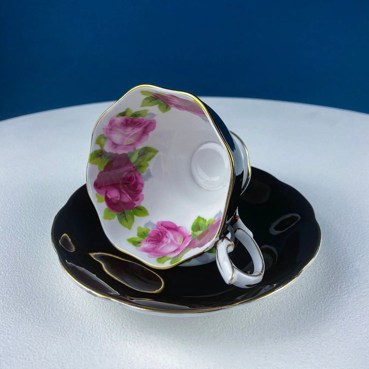 Teacup And Saucer | Large Red Roses | Gold Rim | Queen Anne Fine China
