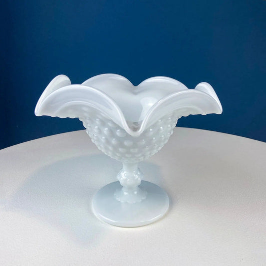 Milk Glass Footed Bowl Shaped like Hibiscus | White Glass Compote with Hobnail Pattern and Scalloped/Ruffled Rim | Serving Dish | Collectors & Hosts
