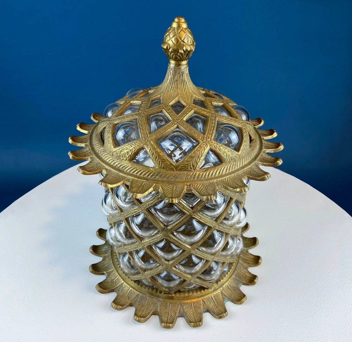 Vintage Pineapple Candle Holder | Hand Blown Glass | Brass Urn Lid | 13 Inch