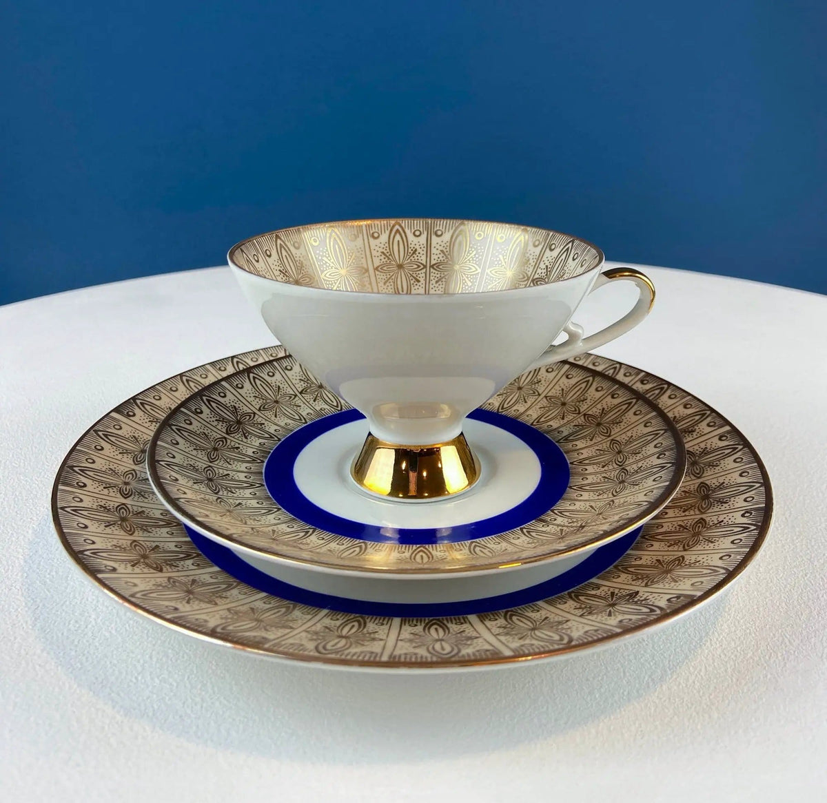 Vintage Paragon Cup and Saucer | Porcelain Tea Set | Lt Yellow with Dark Blue and Gold Bend | Collectors & Hosts