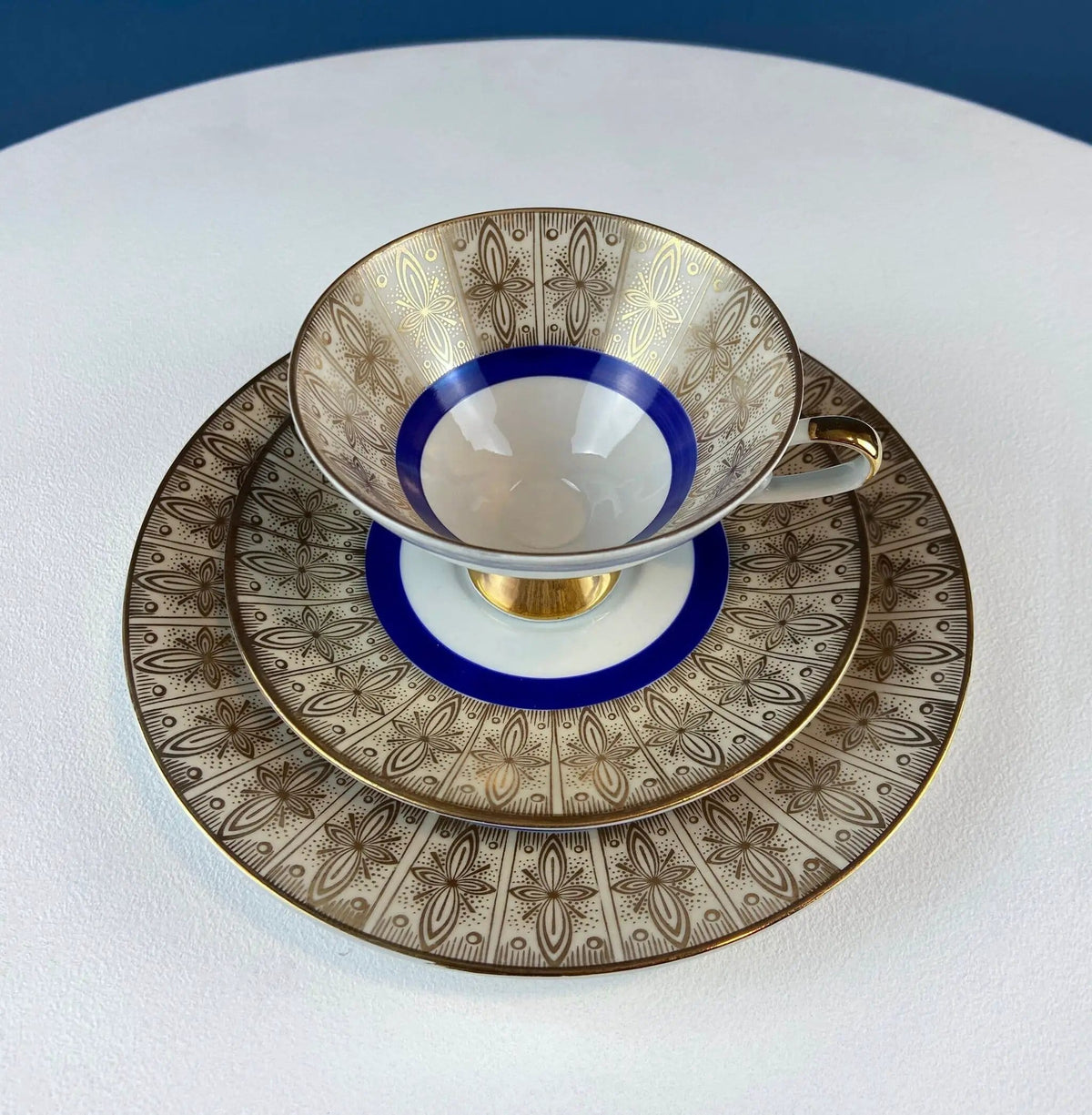Vintage Paragon Cup and Saucer | Porcelain Tea Set | Lt Yellow with Dark Blue and Gold Bend | Collectors & Hosts