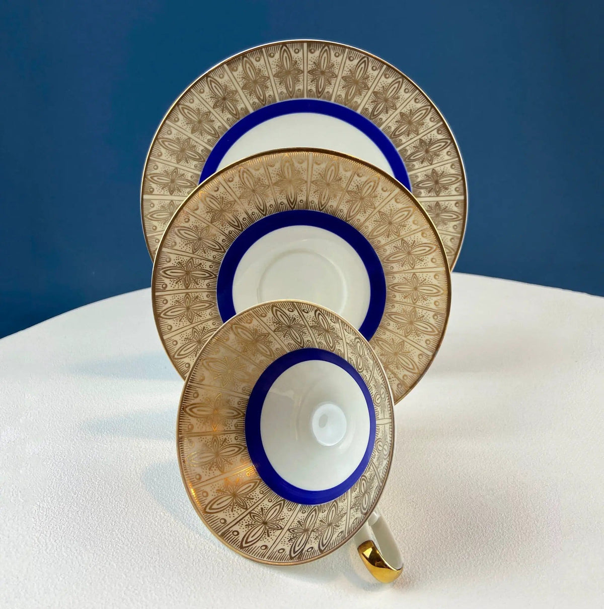 Vintage Paragon Cup and Saucer | Porcelain Tea Set | Lt Yellow with Dark Blue and Gold Bend | Collectors & Hosts