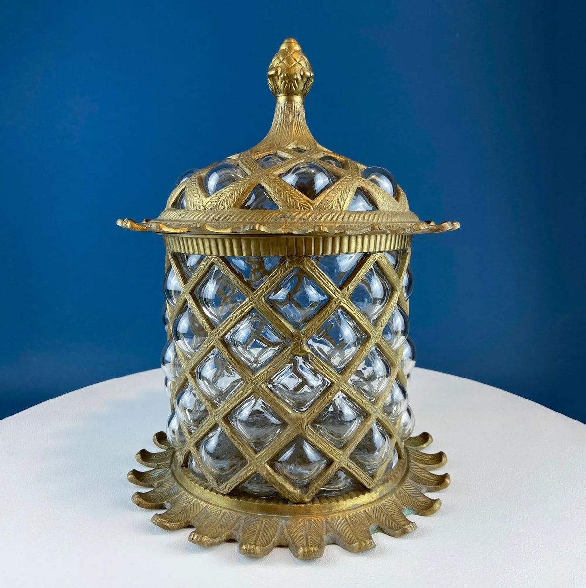 Vintage Pineapple Candle Holder | Hand Blown Glass | Brass Urn Lid | 13 Inch