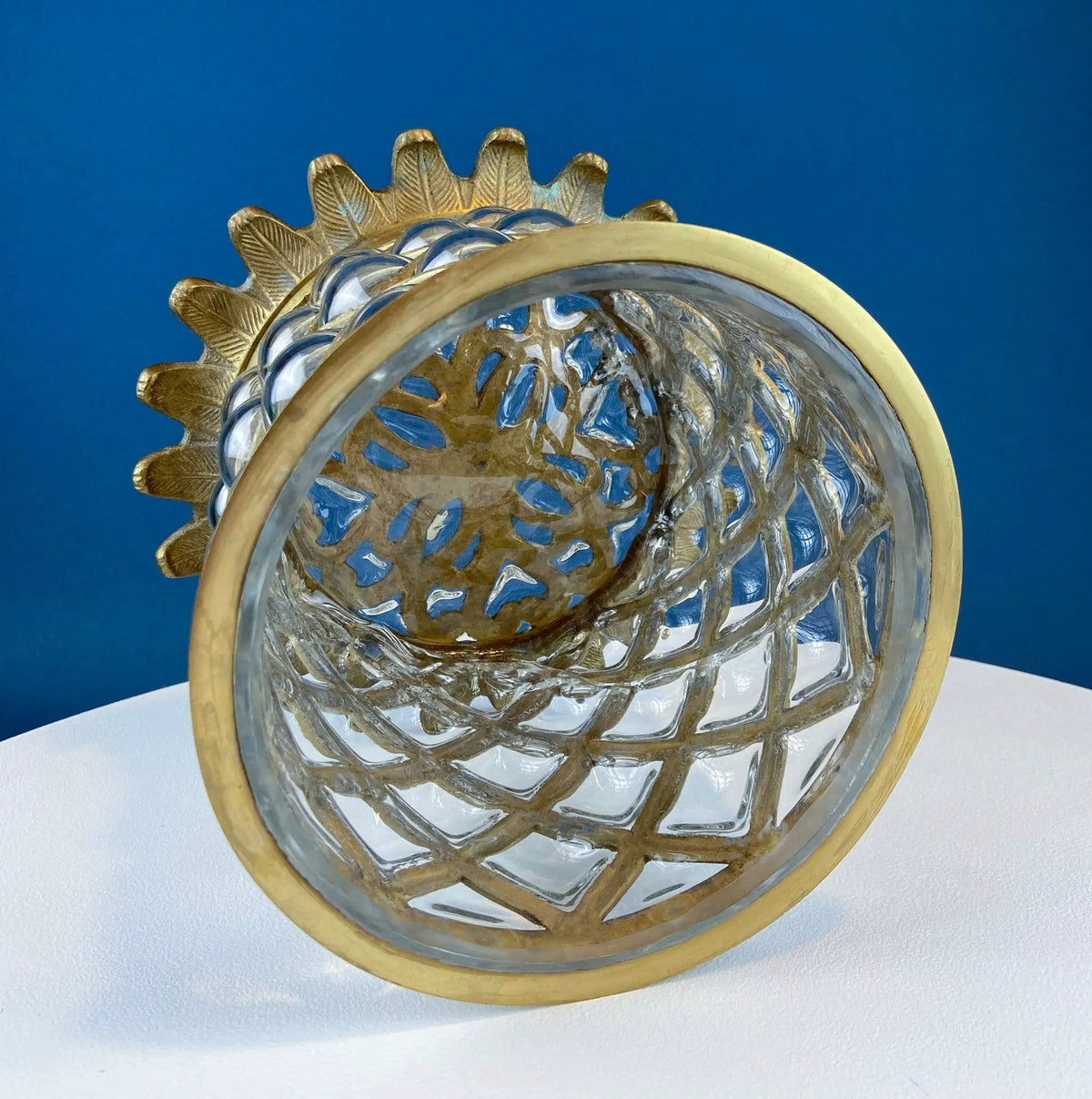Vintage Pineapple Candle Holder | Hand Blown Glass | Brass Urn Lid | 13 Inch