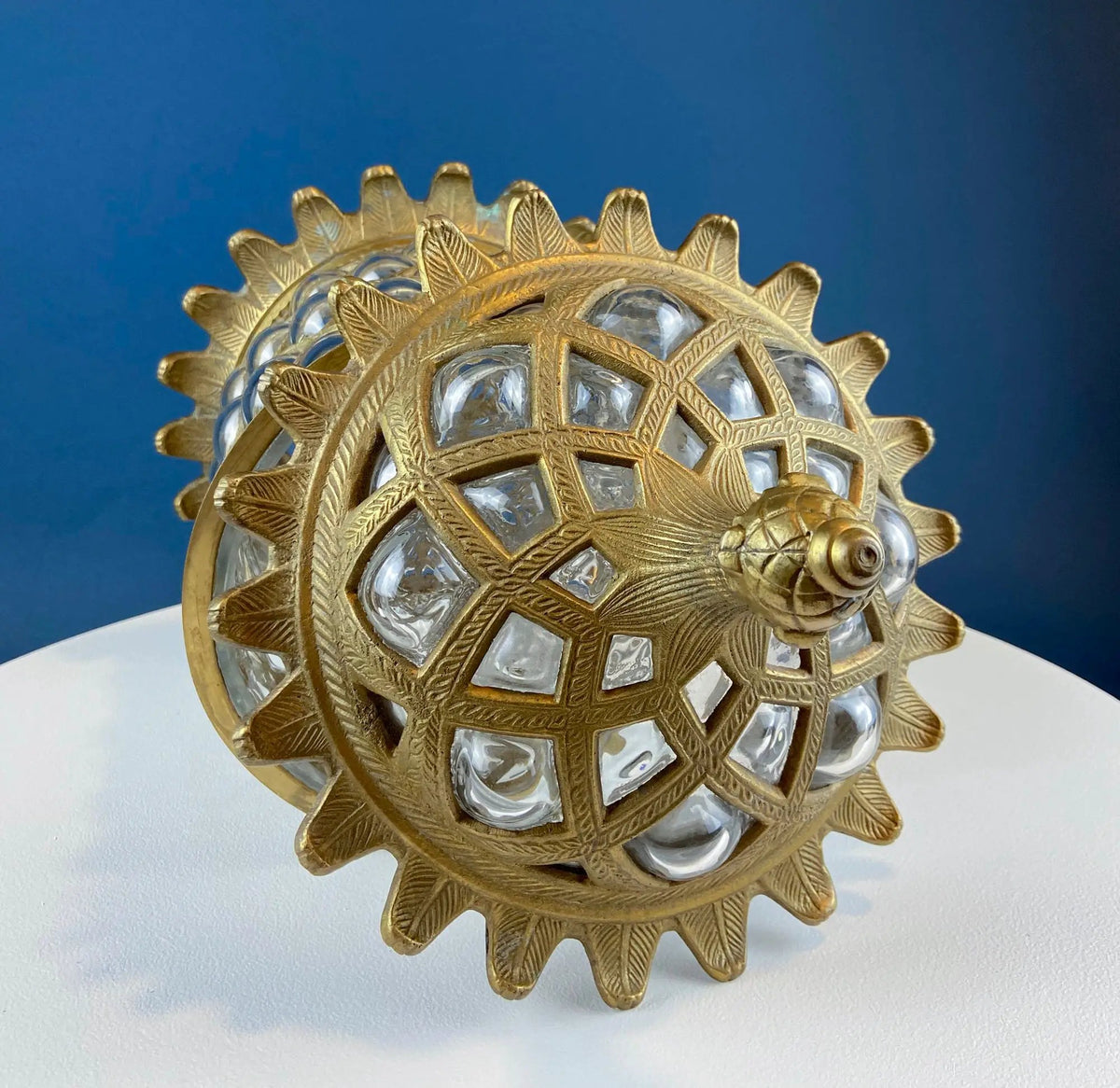 Vintage Pineapple Candle Holder | Hand Blown Glass | Brass Urn Lid | 13 Inch