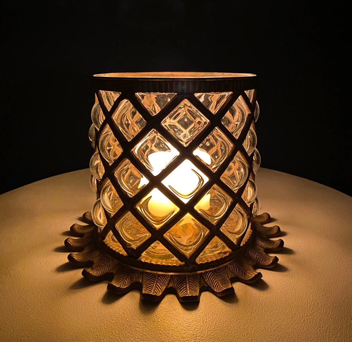 Vintage Pineapple Candle Holder | Hand Blown Glass | Brass Urn Lid | 13 Inch