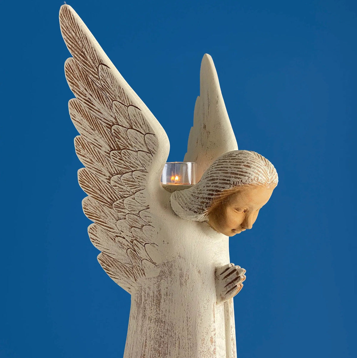Wooden Angel Figurine | Praying Pose | Includes Candle Jar | 25 Inches Tall