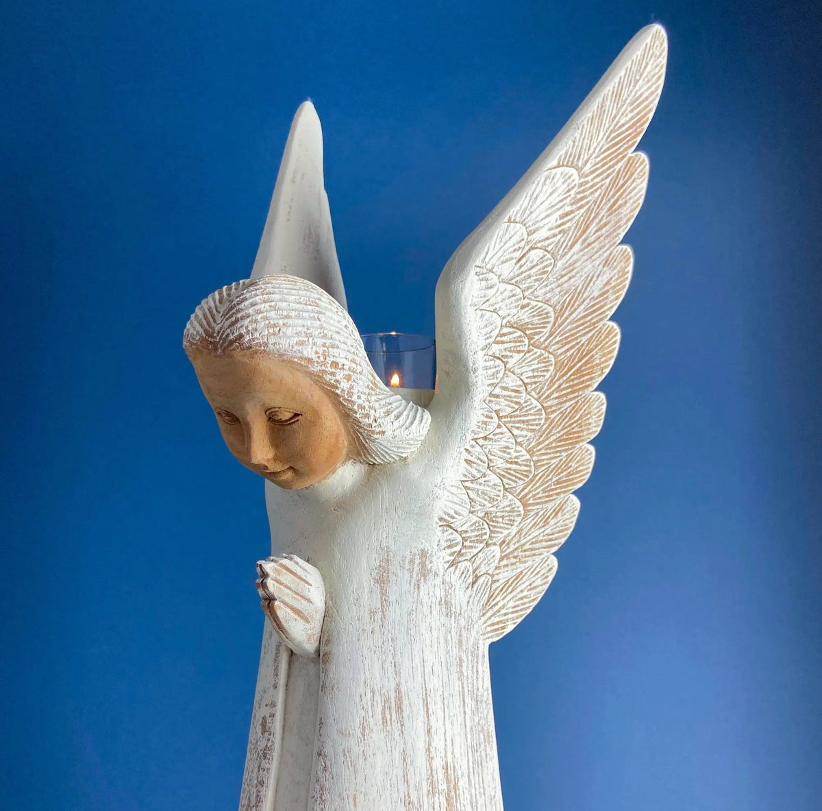 Wooden Angel Figurine | Praying Pose | Includes Candle Jar | 25 Inches Tall