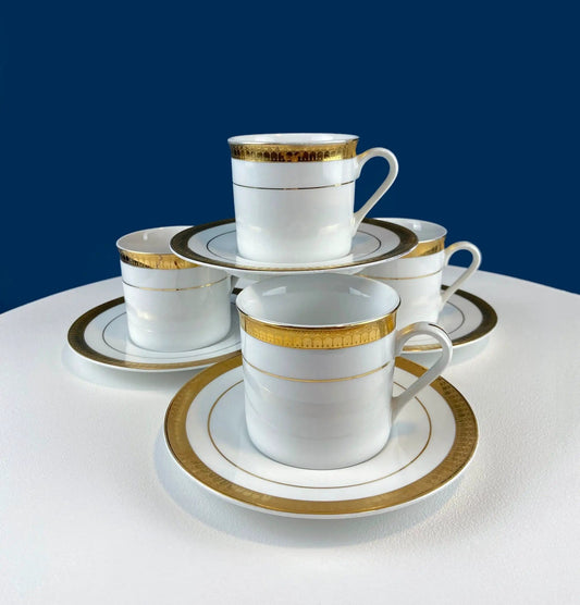 White China Cups and Saucers: Gold Embossed Band | Set of 5 | Collectible Vintage | Collectors & Hosts
