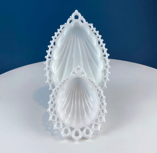 Milk Glass Tear Drop Small Serving Dishes with Fluting & Lacy Brim | Set of 2 White Serving Dishes | Kitchen, Bath Decor | Collectors & Hosts