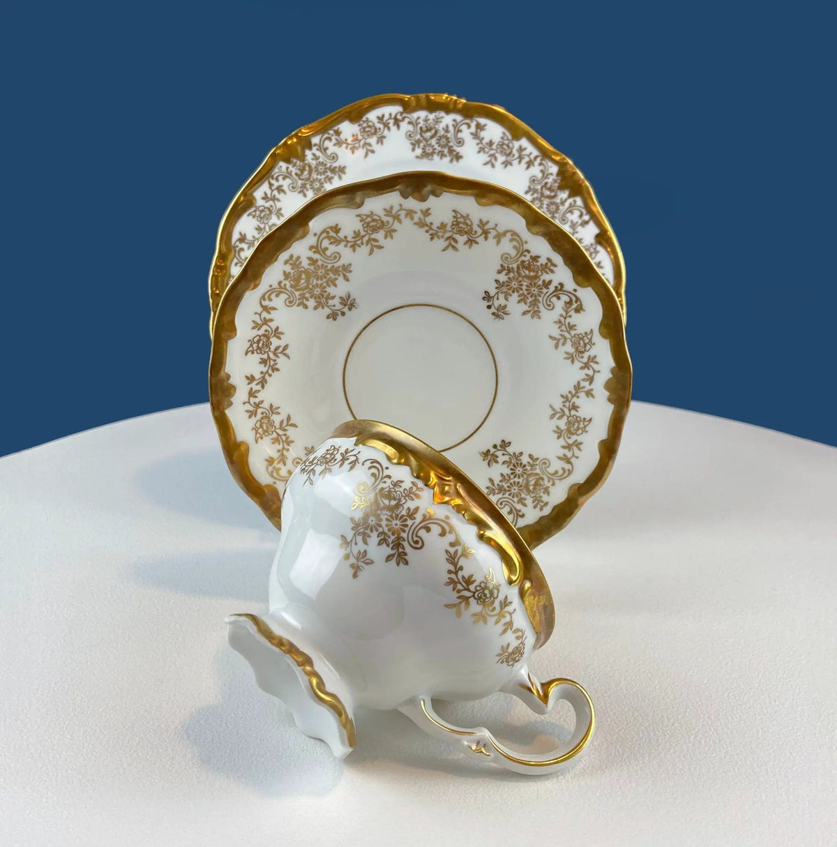 Stunning Antique White and Gold Tea Set Trio | Weimar Porcelain, Katharina Pattern | Hand Painted Floral Gold Trim | Collectors & Hosts