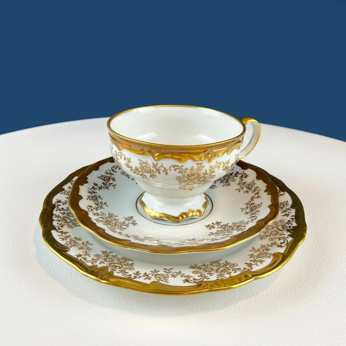 Stunning Antique White and Gold Tea Set Trio | Weimar Porcelain, Katharina Pattern | Hand Painted Floral Gold Trim | Collectors & Hosts