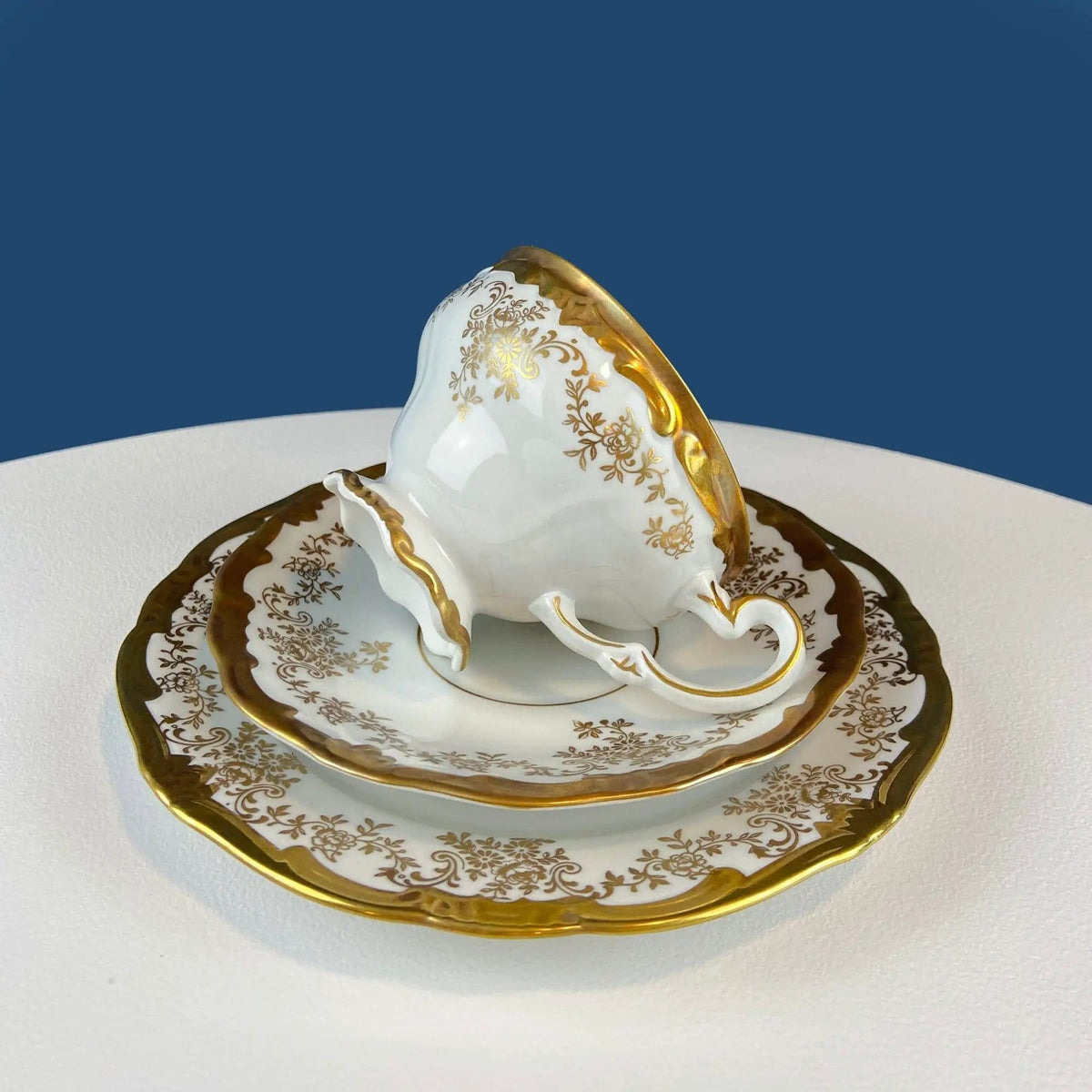 Stunning Antique White and Gold Tea Set Trio | Weimar Porcelain, Katharina Pattern | Hand Painted Floral Gold Trim | Collectors & Hosts