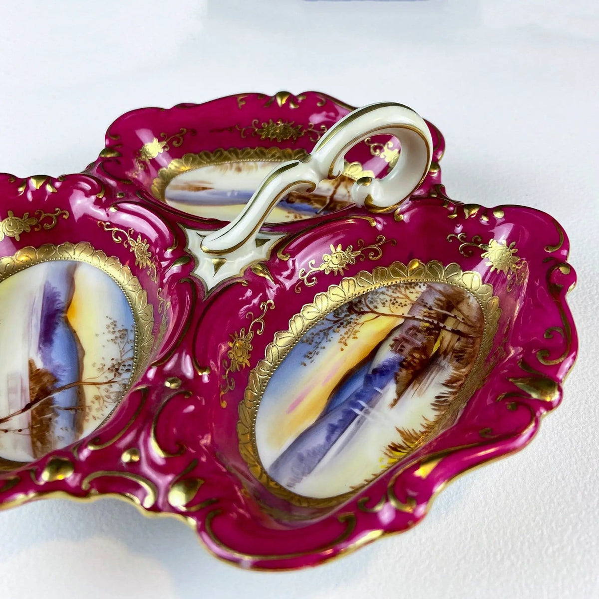 Porcelain Divided Bowl with Handle, Decorated with Three Different Hand Painted Landscapes | Antique Rare Collectible Art Dish | Collectible Vintage | Collectors & Hosts