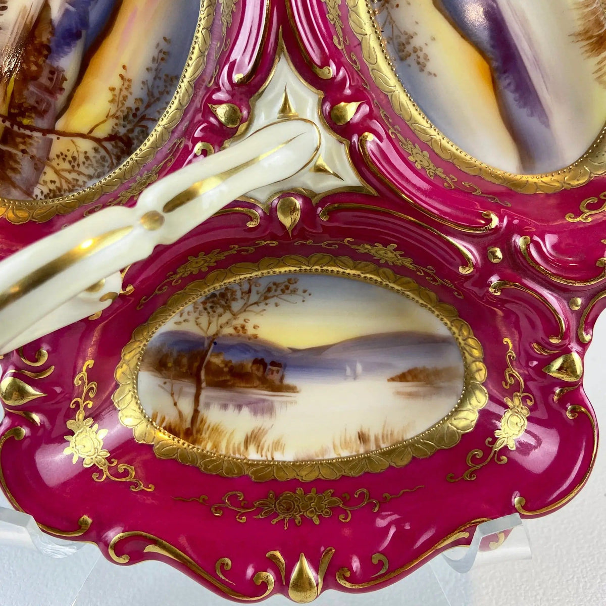 Porcelain Divided Bowl with Handle, Decorated with Three Different Hand Painted Landscapes | Antique Rare Collectible Art Dish | Collectible Vintage | Collectors & Hosts