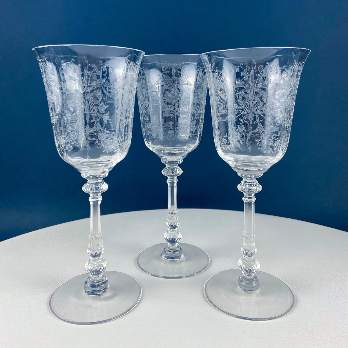 Heisey Wine Goblets | Set of 7 Orchid Pattern Etched Crystal Glasses | Home Gift | Collectors & Hosts
