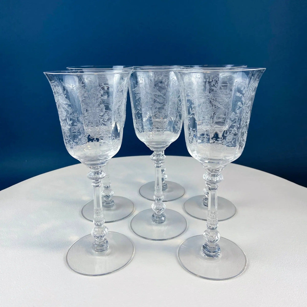Heisey Wine Goblets | Set of 7 Orchid Pattern Etched Crystal Glasses | Home Gift | Collectors & Hosts