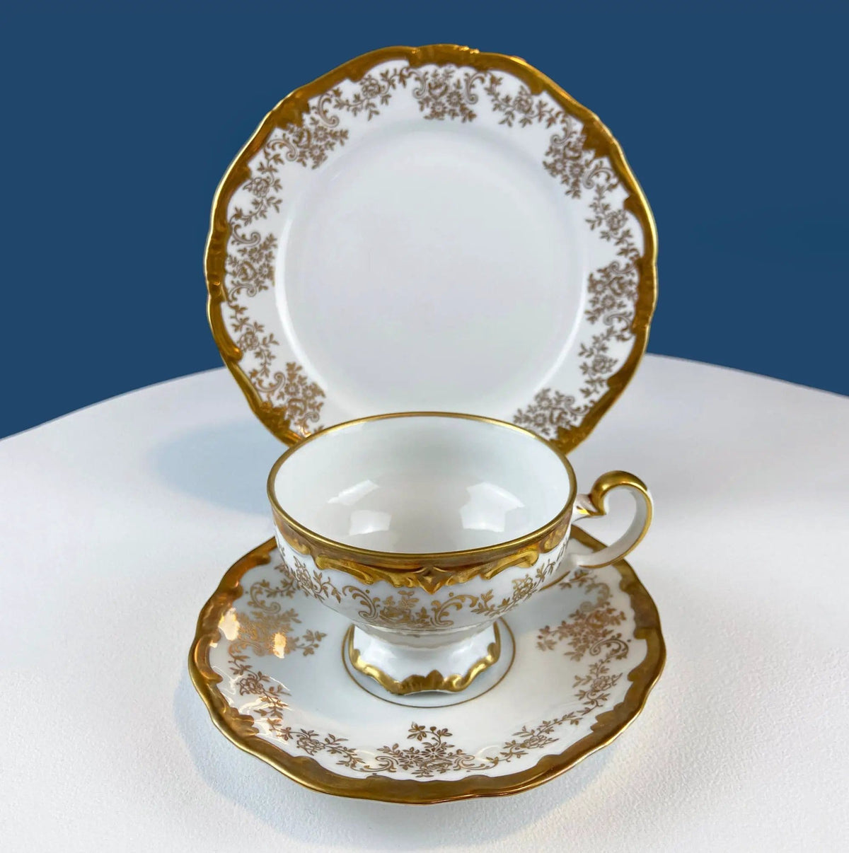 Stunning Antique White and Gold Tea Set Trio | Weimar Porcelain, Katharina Pattern | Hand Painted Floral Gold Trim | Collectors & Hosts