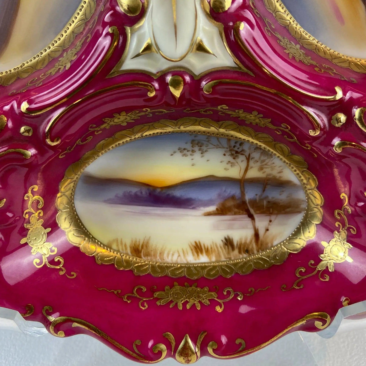 Porcelain Divided Bowl with Handle, Decorated with Three Different Hand Painted Landscapes | Antique Rare Collectible Art Dish | Collectible Vintage | Collectors & Hosts