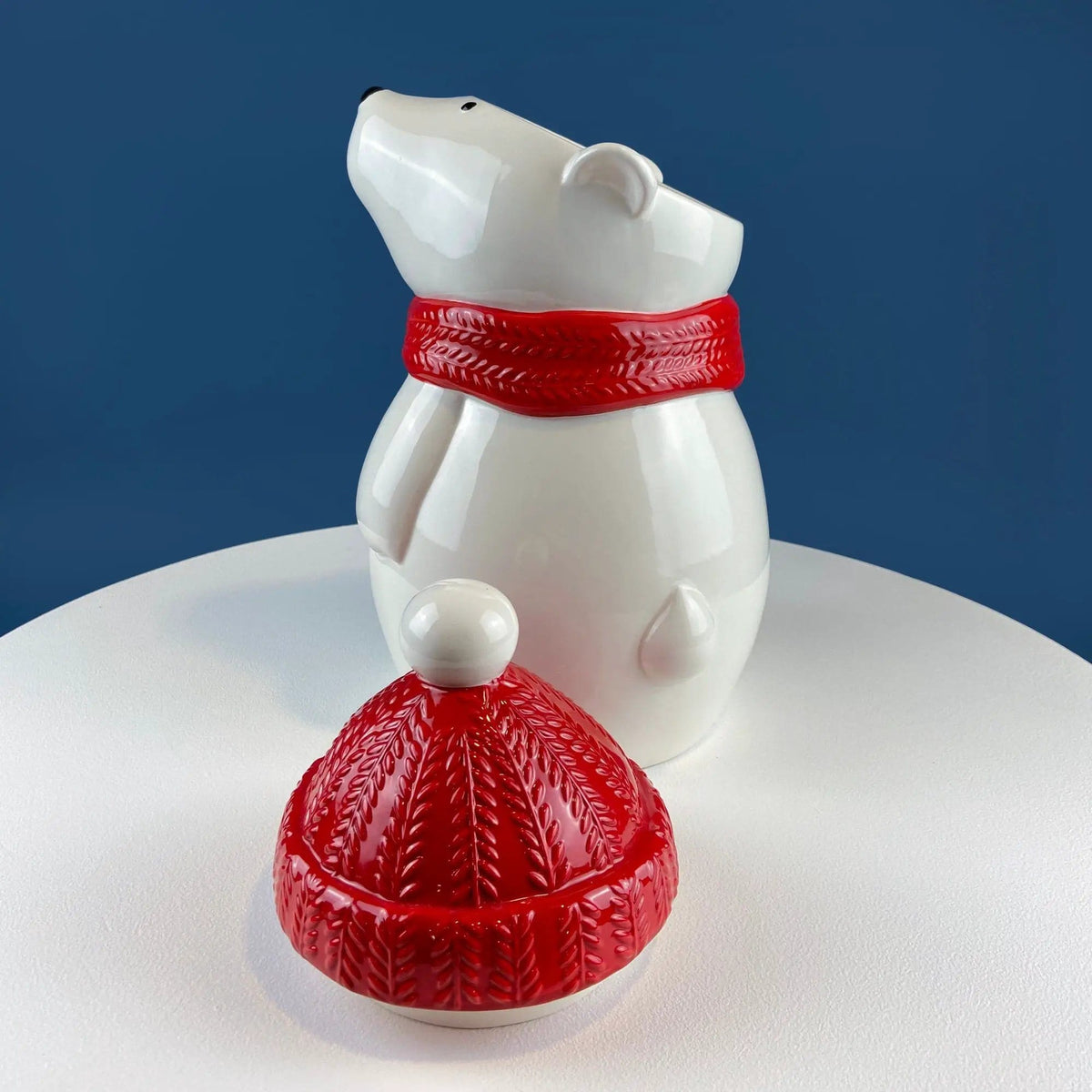 Polar Bear in Red Hat Cookie Jar | Cute, Animal Themed Kitchen Storage Canister or Kids' Room Decor | Holiday Dining Room Decor | Collectors & Hosts